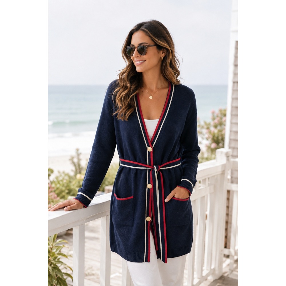 Vigoss Nautical Navy Longline Cardigan L Preppy Belted Coastal Americana
